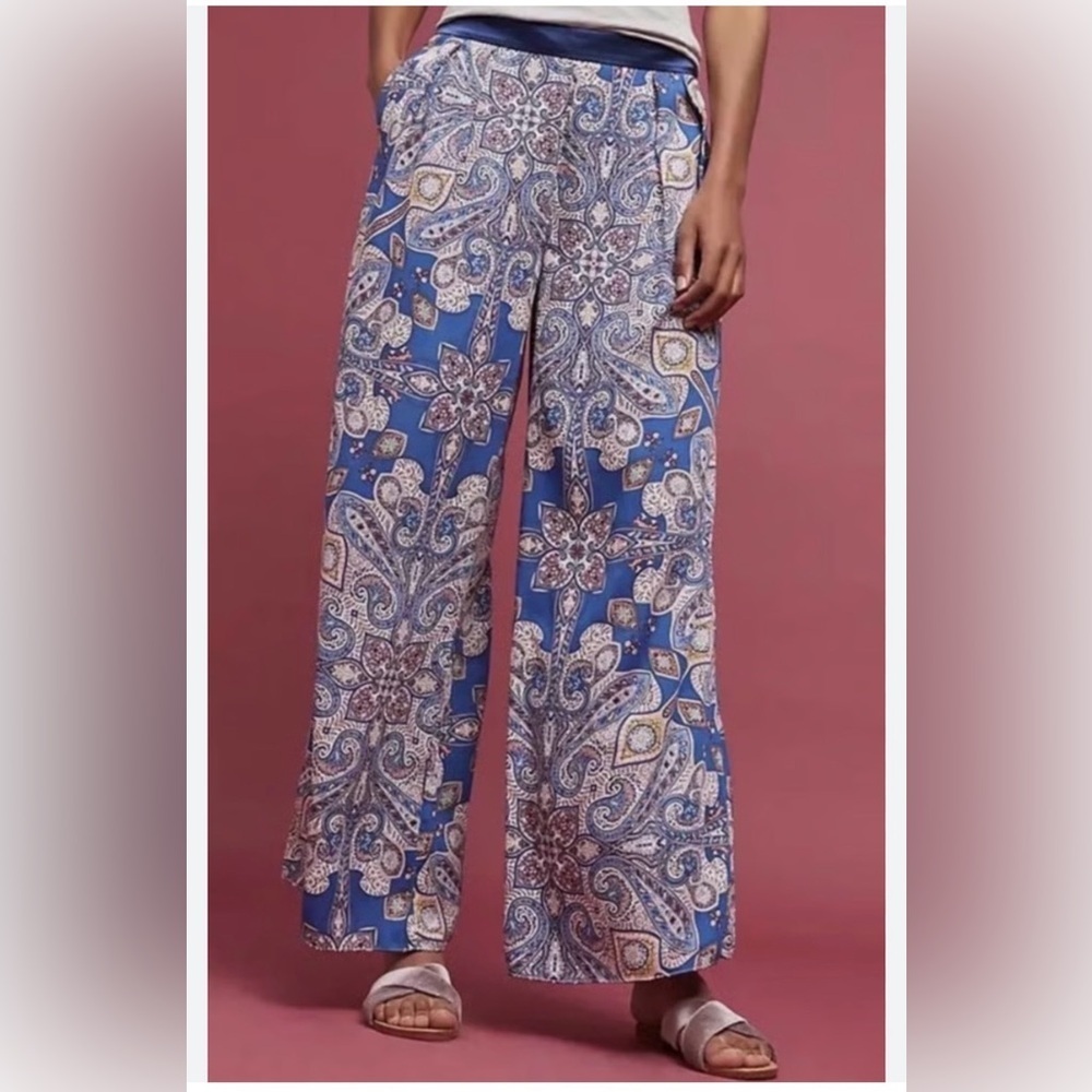 Anthropologie Elevenses Blue Paisley Wide-Leg Satin Pants Size S